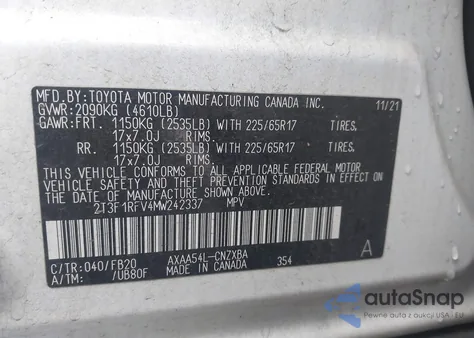 2021 Toyota Rav4 Le from USA, damaged, VIN 2T3F1RFV4MW242337